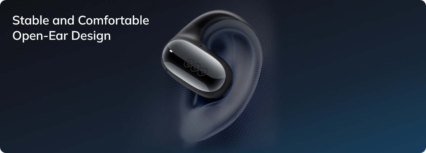 Design stabile e confortevole degli auricolari open-ear per una vestibilità sicura.