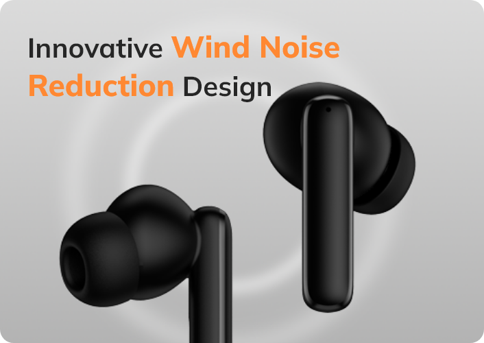 Auricolari wireless neri con design innovativo per la riduzione del rumore del vento, per una qualità audio chiara.