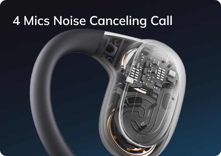 Rappresentazione trasparente di un auricolare con quattro microfoni per chiamate con cancellazione del rumore.
