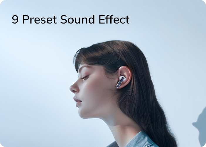 Donna con auricolari wireless, 9 effetti sonori preimpostati