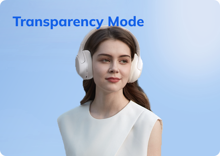 Donna con cuffie over-ear bianche in modalità trasparenza su sfondo blu – design moderno per suoni ambientali chiari