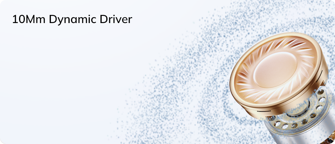 Driver dinamico da 10 mm per un suono di alta qualità in cuffie con membrana dorata e design moderno.