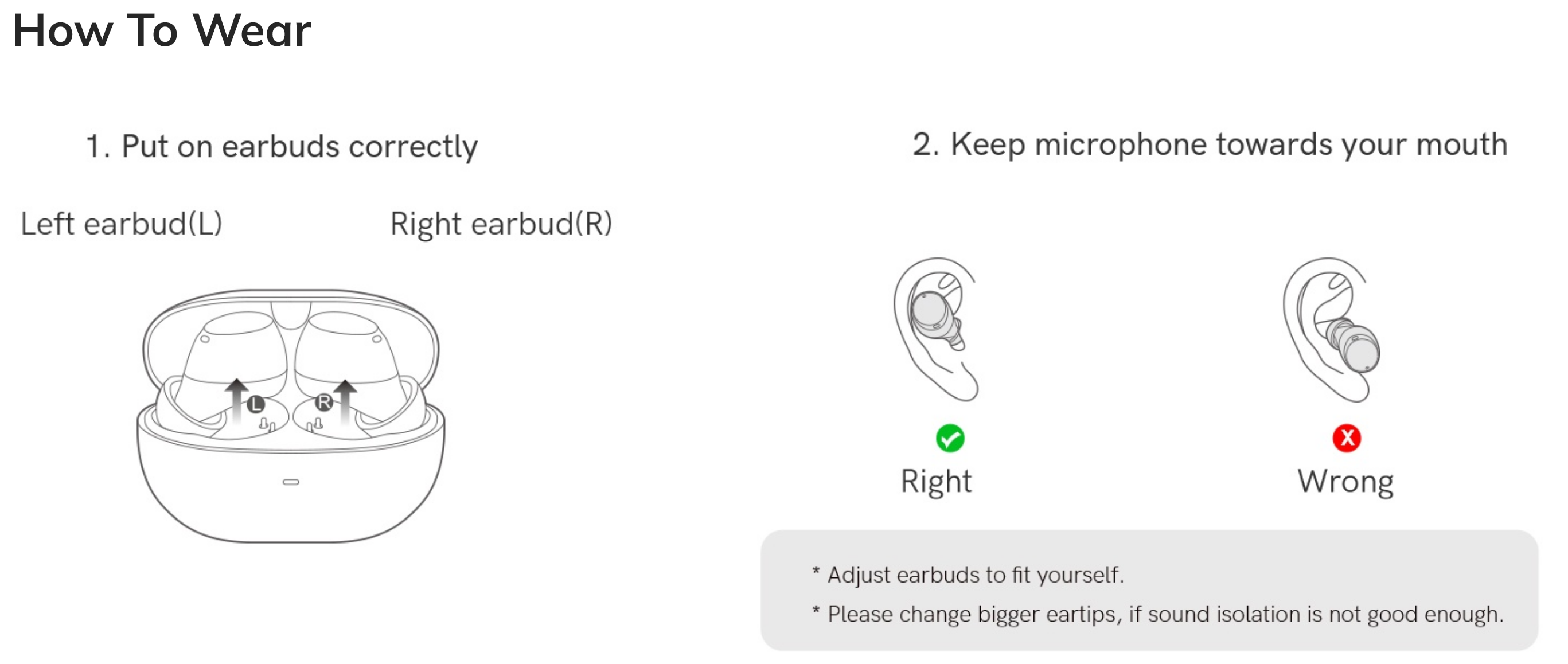 Come indossare correttamente gli auricolari wireless – con microfono posizionato vicino alla bocca.