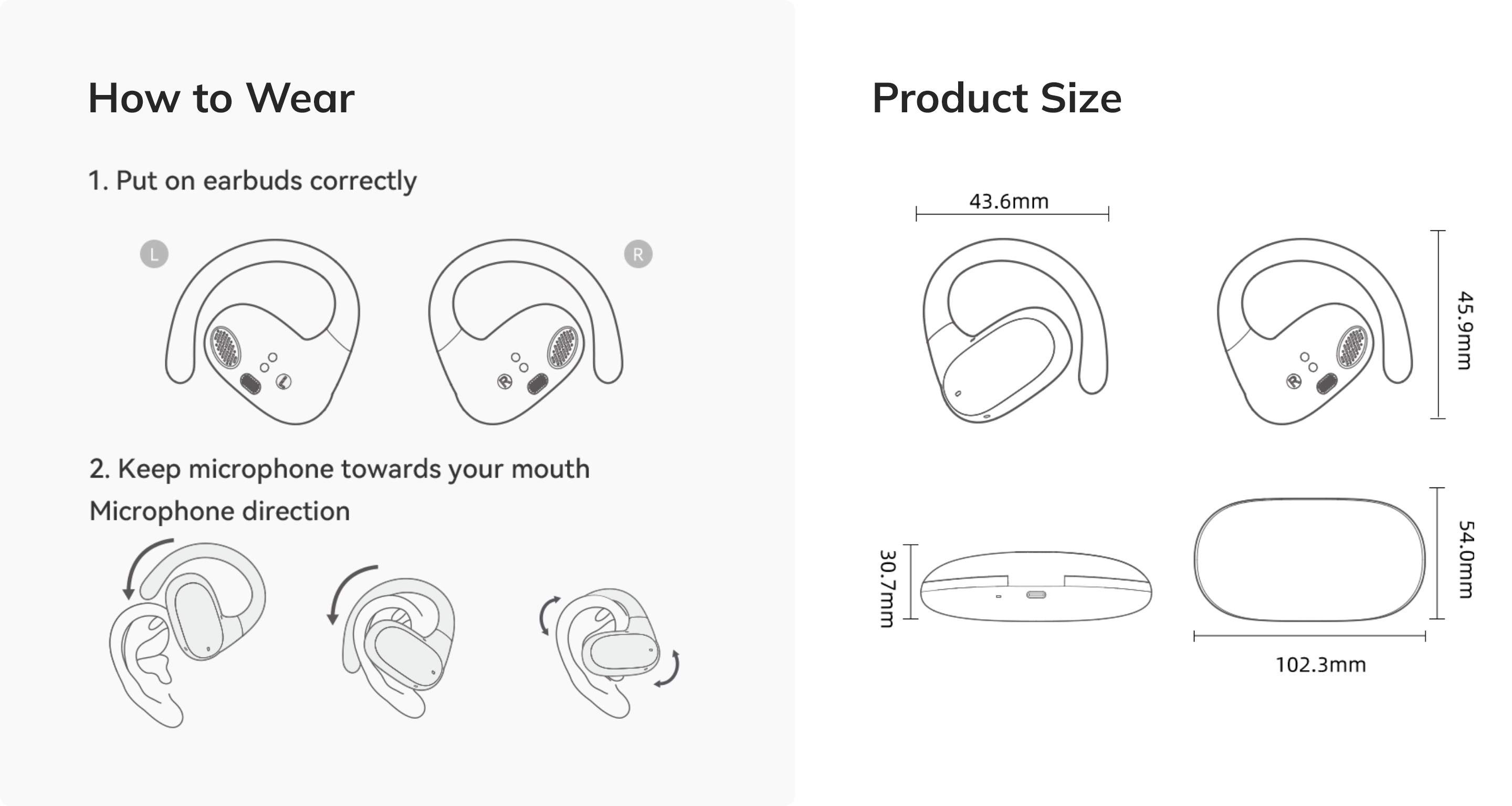 Istruzioni per l'uso e dimensioni del prodotto degli auricolari wireless con direzione del microfono e misure precise in mm.