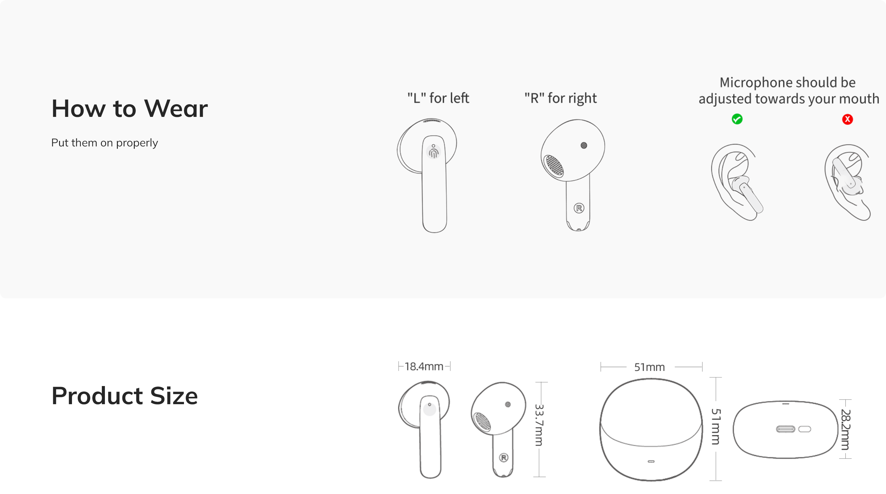 Istruzioni per l'uso e dimensioni del prodotto degli auricolari wireless con posizione del microfono e misure.