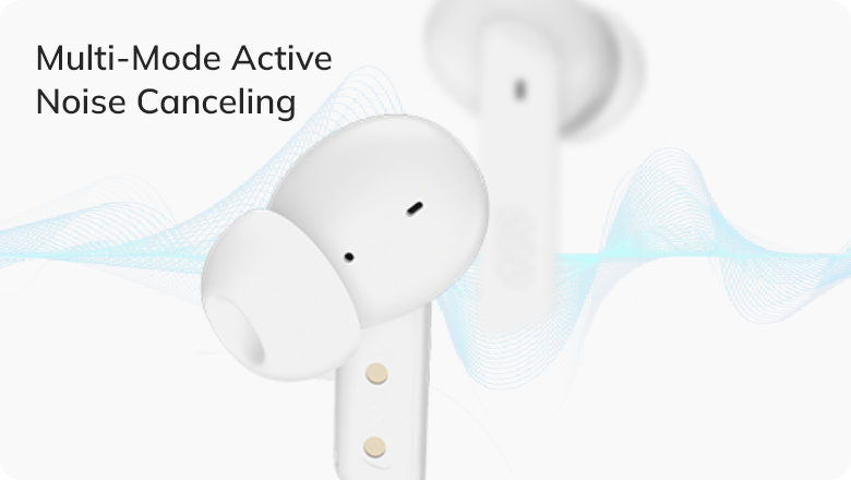 Cuffie wireless bianche con cancellazione attiva del rumore multi-modalità e linee ondulate blu sullo sfondo.