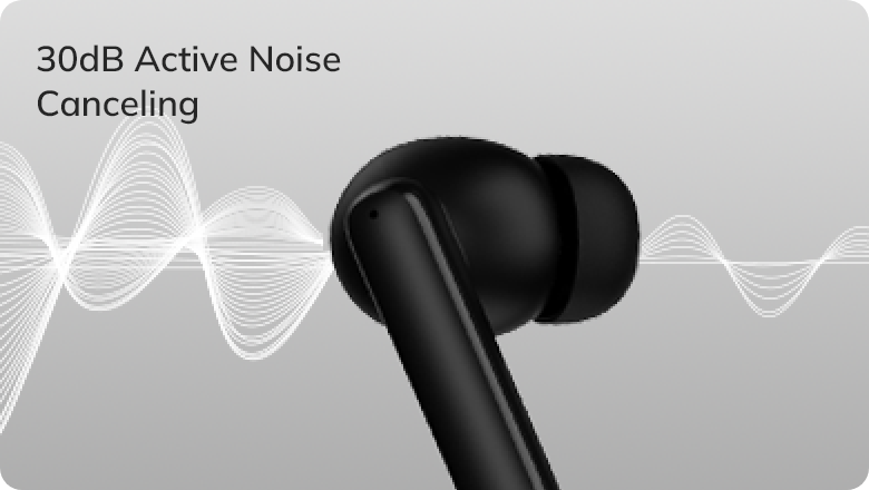 Cuffie in-ear nere con cancellazione attiva del rumore da 30 dB, rappresentate da un grafico di onde sonore su sfondo grigio.