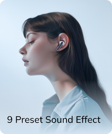 Donna con auricolare wireless, 9 effetti sonori preimpostati per un'esperienza di ascolto ottimale.