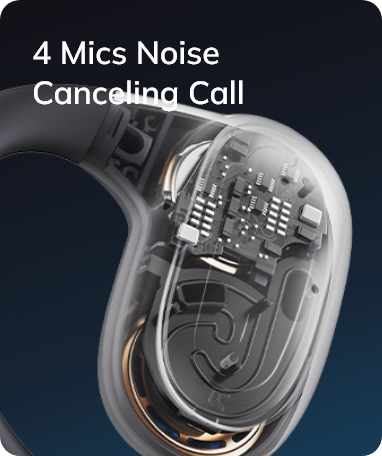 Rappresentazione trasparente di un auricolare con 4 microfoni per chiamate con cancellazione del rumore.