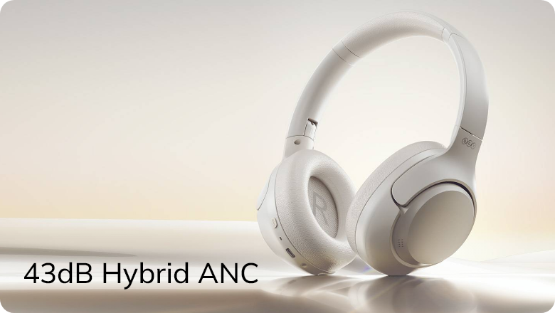 Cuffie over-ear bianche con ANC ibrido da 43dB, design moderno, acustica di alta qualità e tecnologia di cancellazione del rumore.