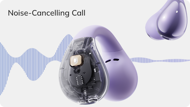 Auricolari viola con cancellazione del rumore, tecnologia visibile e grafica di onde sonore per chiamate nitide.