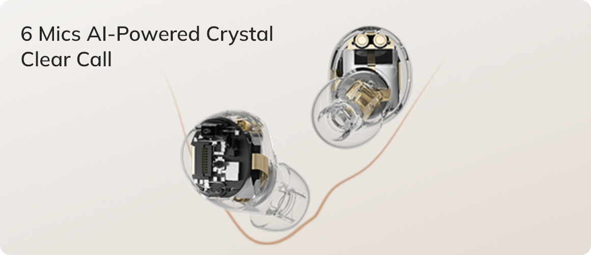 Auricolari in-ear trasparenti con 6 microfoni AI per chiamate cristalline, vista interna della tecnologia.
