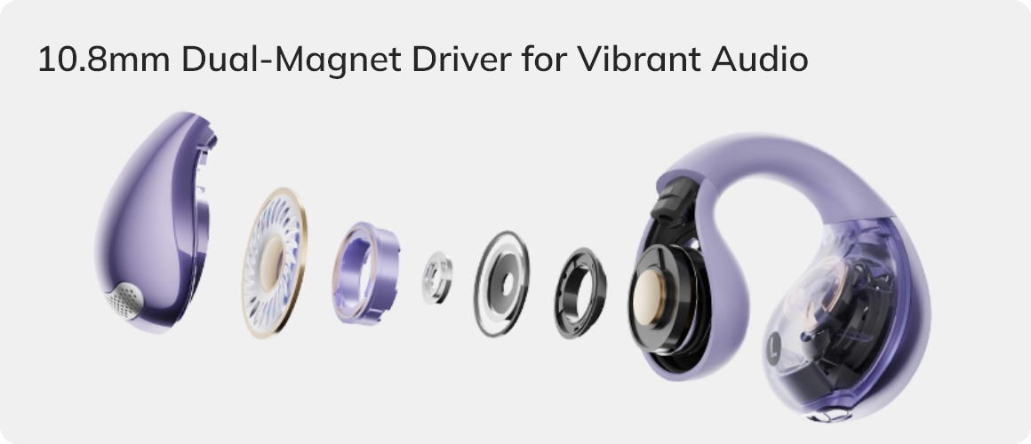 Driver dual magnetico da 10,8 mm per un suono vivido – cuffie in-ear viola in immagine esplosa