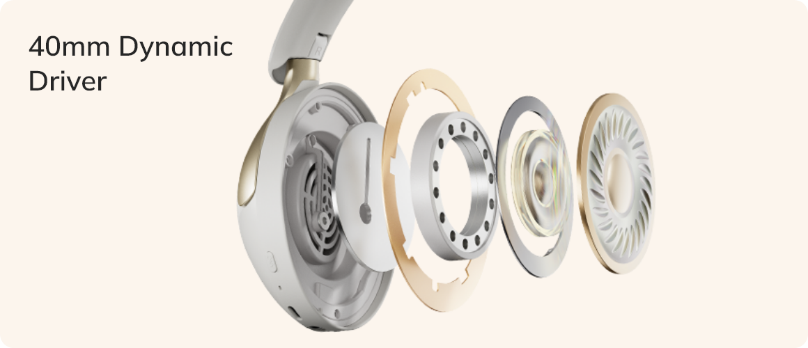 Driver dinamico da 40 mm in cuffie over-ear, ripresa dettagliata interna