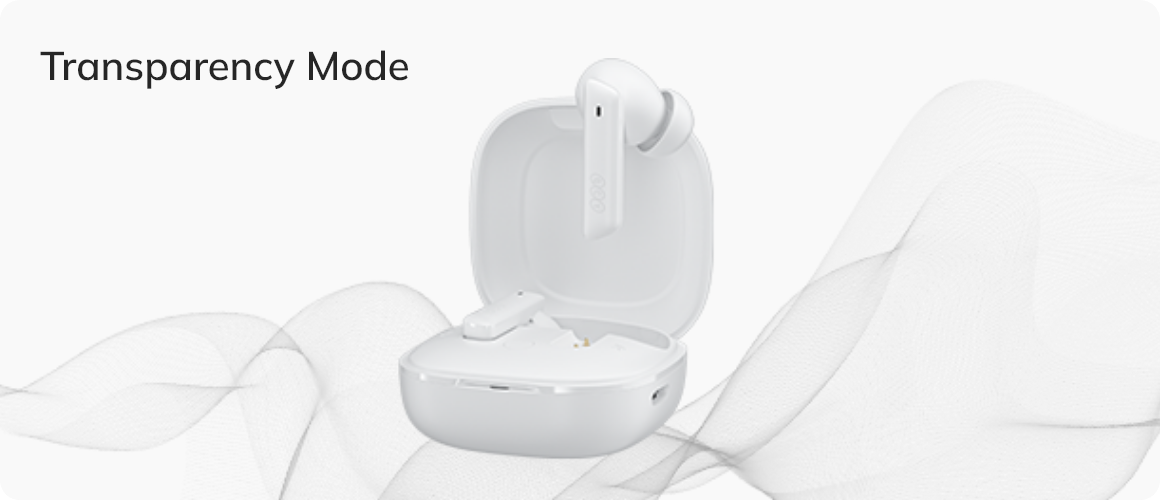 Cuffie True Wireless bianche nella custodia di ricarica con modalità trasparenza.