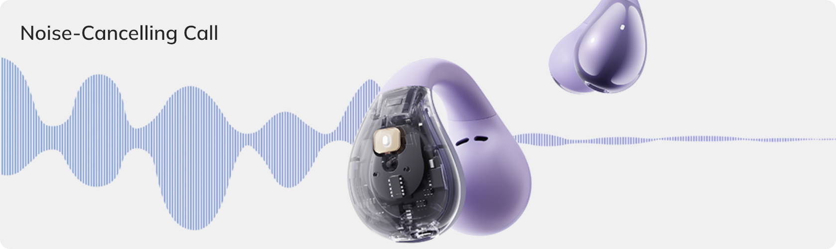 Cuffie Lila con cancellazione del rumore e custodia trasparente che mostra la tecnologia interna.