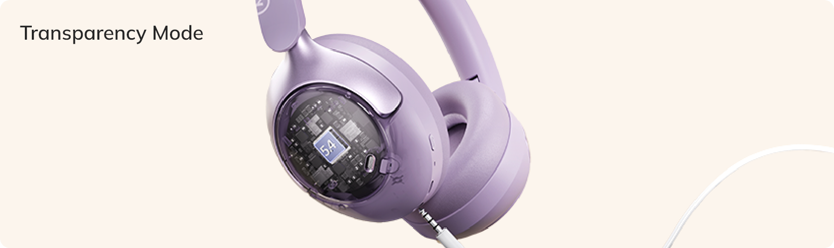 Cuffie Lila Over-Ear con modalità trasparenza e interno visibile, connessione via cavo.