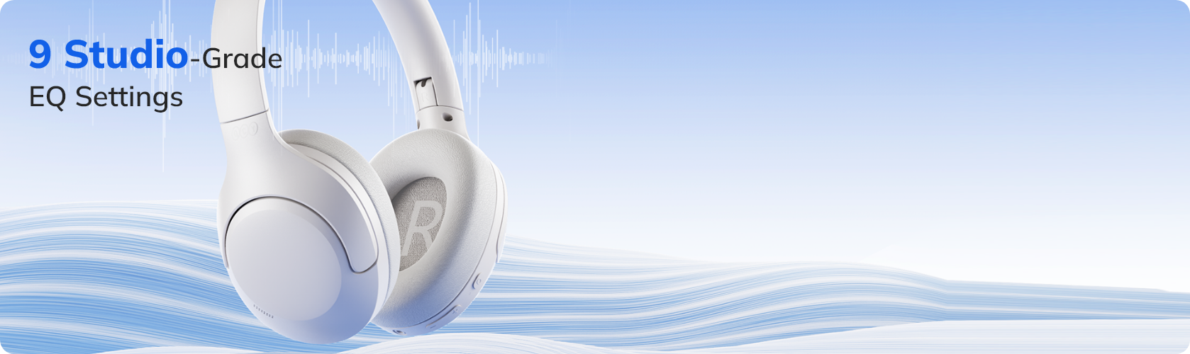 Cuffie over-ear bianche con 9 impostazioni EQ di qualità da studio, onde blu sullo sfondo.