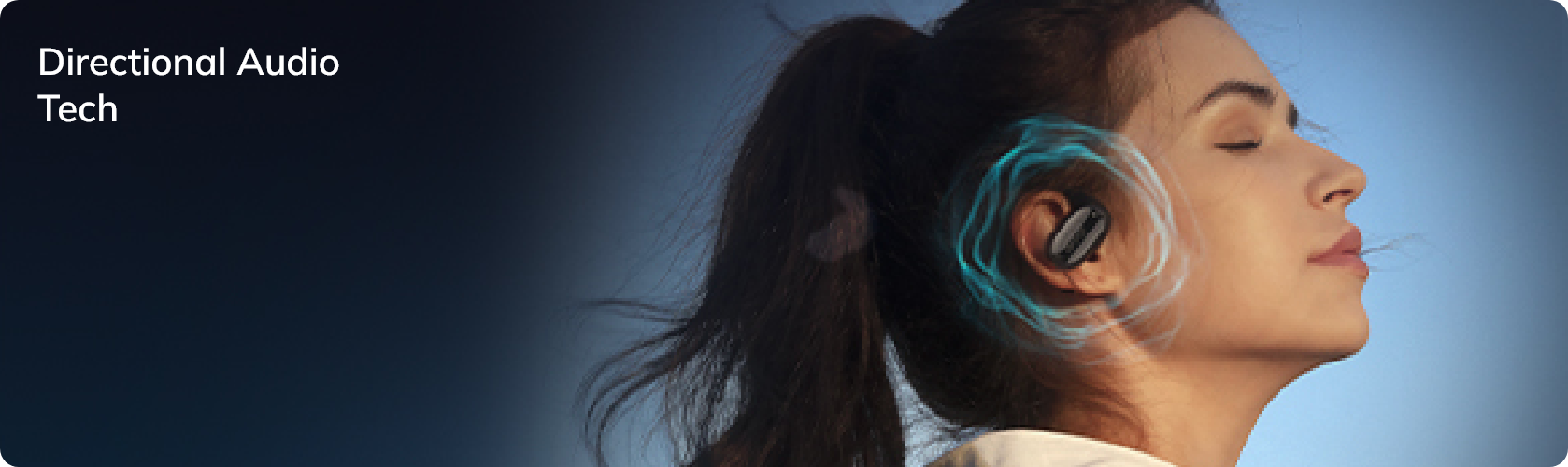 Donna con tecnologia audio all'avanguardia nell'auricolare, momento di tranquillità