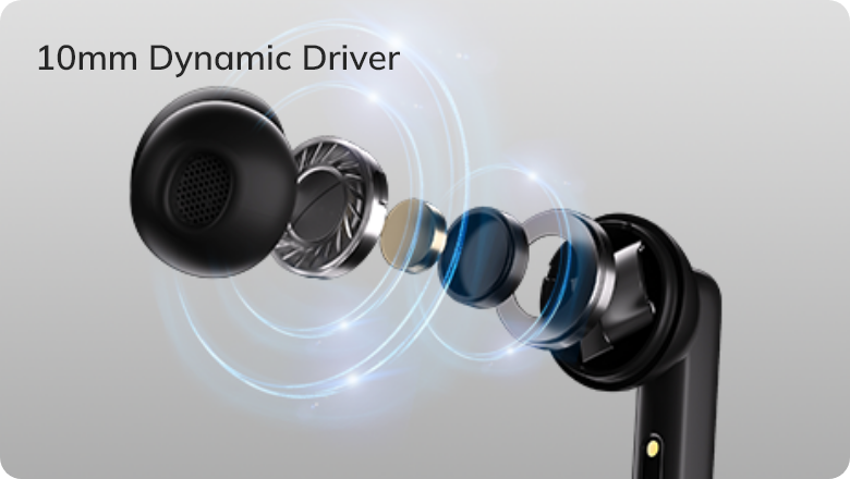 Disegno esploso di un driver dinamico da 10 mm in un auricolare wireless in-ear con rappresentazione delle onde sonore.