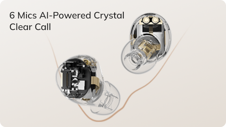 Auricolari in-ear trasparenti con 6 microfoni e qualità delle chiamate cristallina supportata da intelligenza artificiale, vista interna dettagliata.