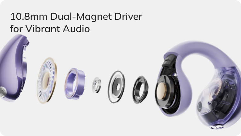 Disegno esploso di un driver a doppio magnete da 10,8 mm per un suono audio vivido in auricolari viola.