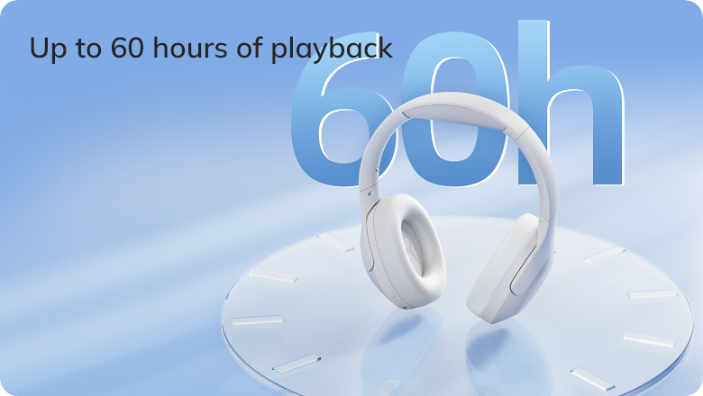 Cuffie over-ear bianche con fino a 60 ore di autonomia della batteria su sfondo blu.