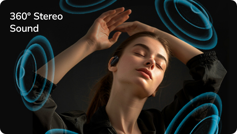 Donna che gode di un suono stereo a 360° con auricolari wireless, circondata da onde sonore blu – esperienza audio immersiva.