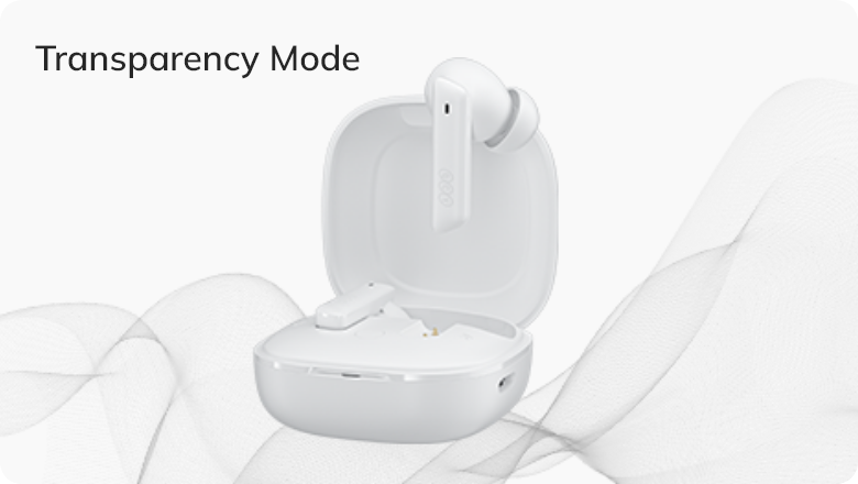 Cuffie wireless bianche nella custodia di ricarica con modalità trasparenza, onde morbide sullo sfondo.