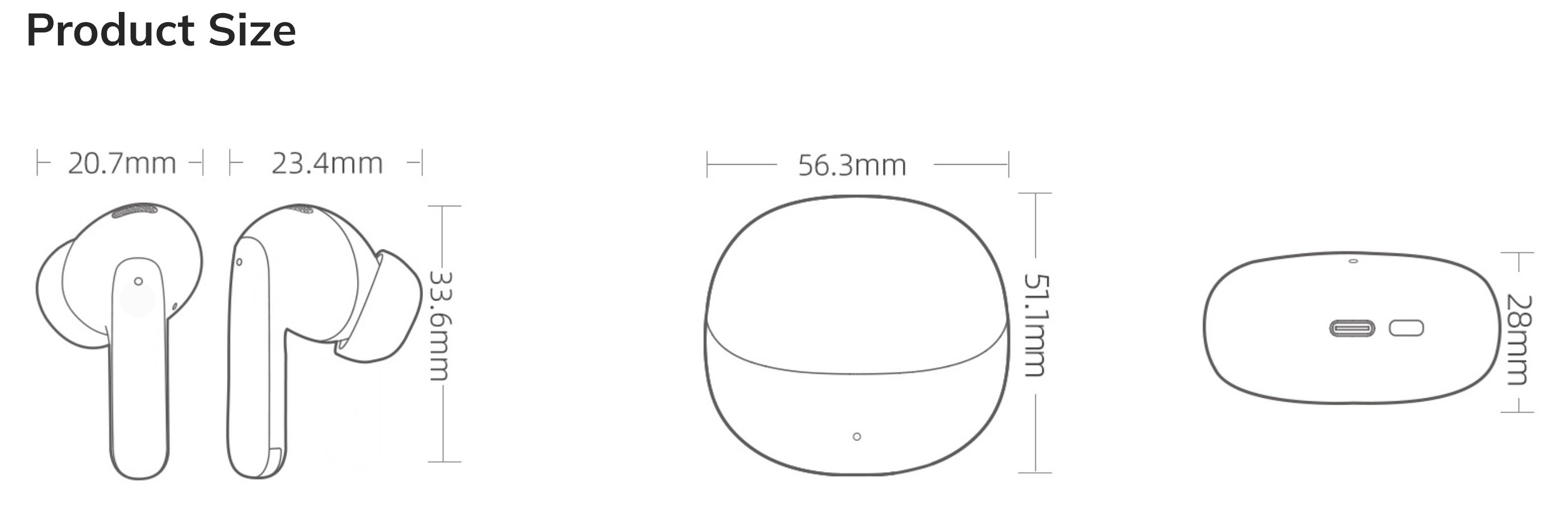 Disegno tecnico delle cuffie wireless e della custodia di ricarica con dimensioni in millimetri.