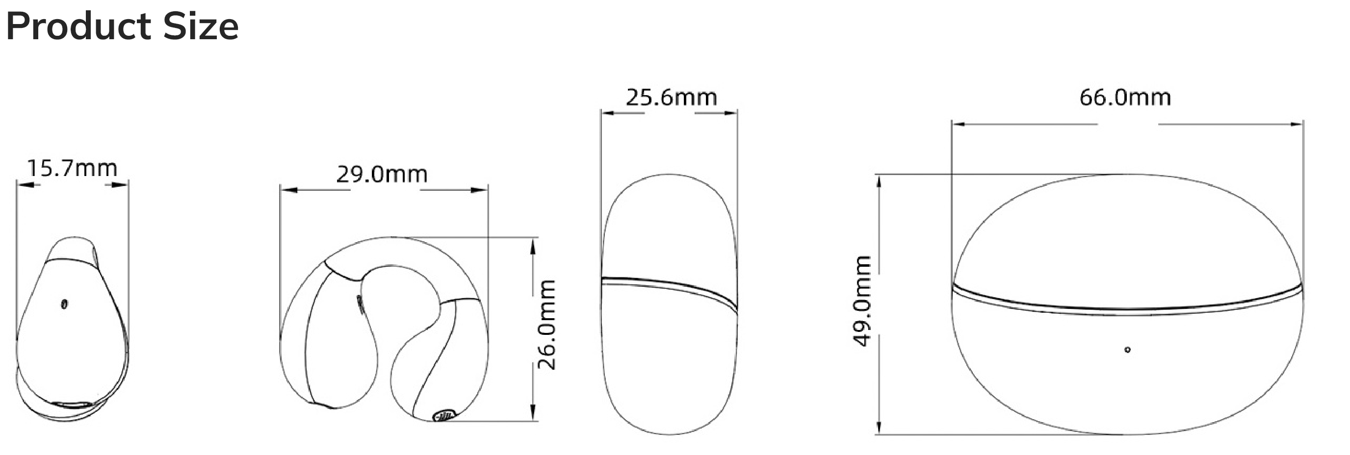 Dimensioni del prodotto: Auricolari In-Ear 15,7 x 29,0 mm, custodia di ricarica 25,6 x 49,0 mm, diametro totale 66,0 mm