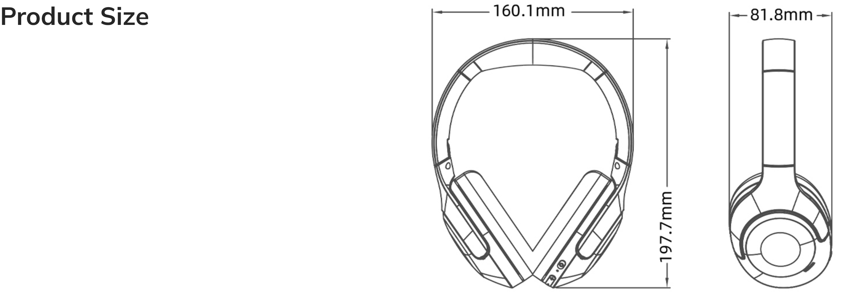 Disegno tecnico: dimensioni di cuffie over-ear in vista frontale e laterale con misure di larghezza e altezza in millimetri