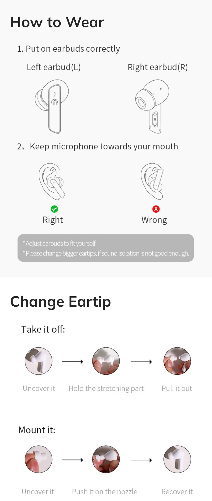 Istruzioni per indossare e sostituire i tappi auricolari per cuffie wireless.