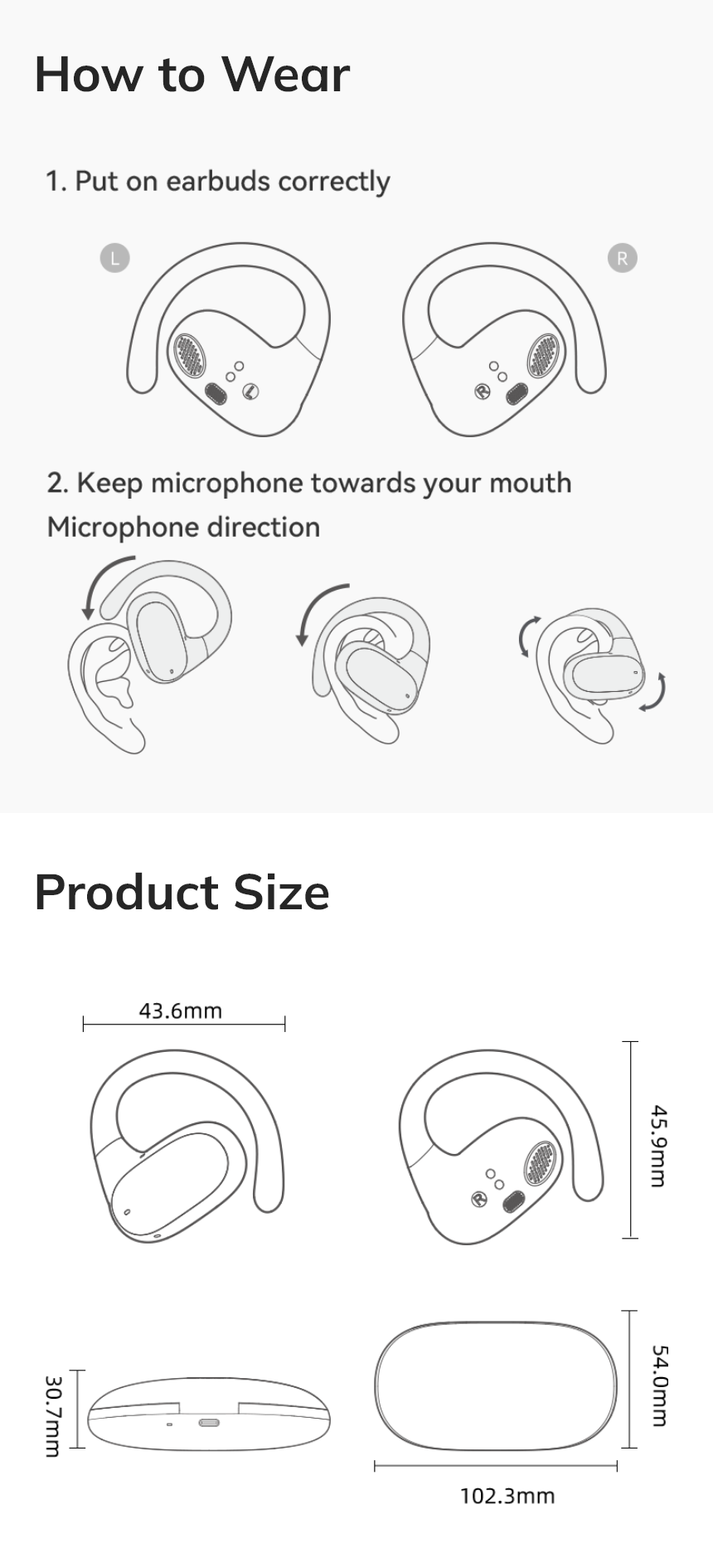 Istruzioni per l'uso degli auricolari: posizionamento corretto e direzione del microfono, confronto delle dimensioni del prodotto