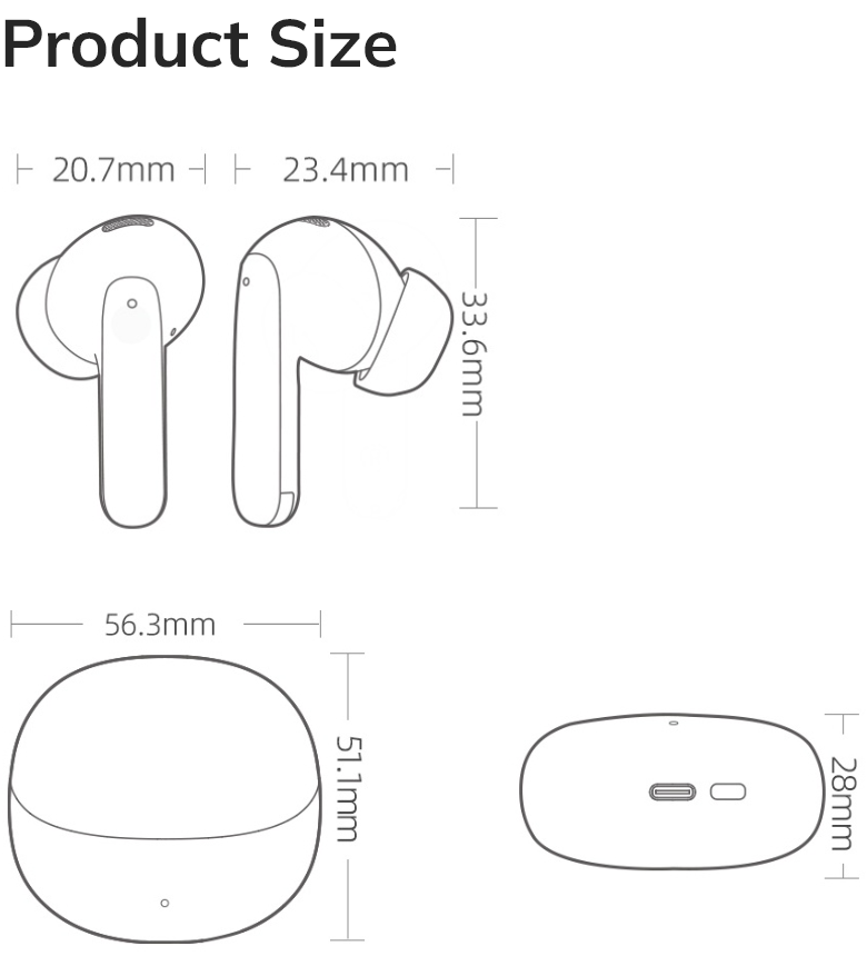 Disegno tecnico degli auricolari wireless e della custodia di ricarica con dimensioni in mm.
