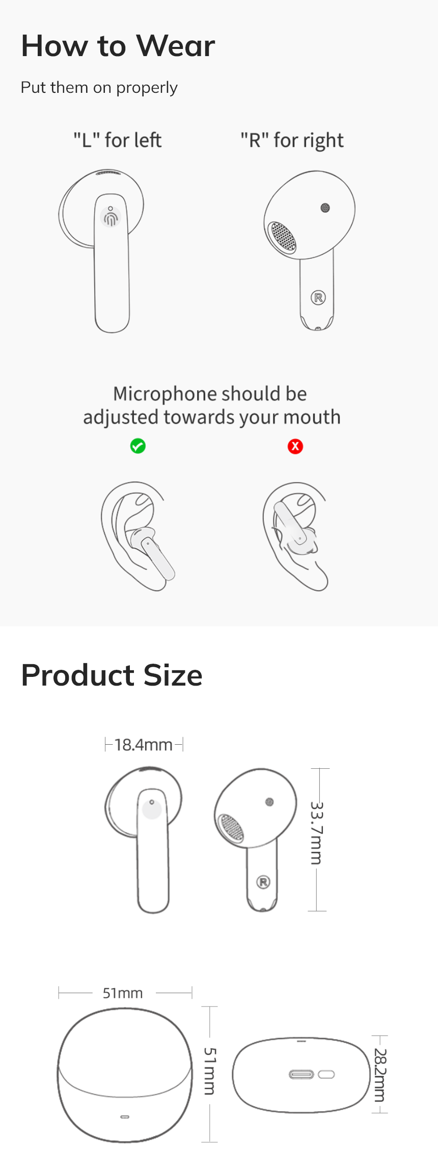 Come indossare correttamente le cuffie Bluetooth – Guida con misure per auricolari e custodia di ricarica.