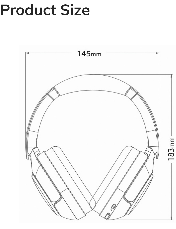 Cuffie over-ear con larghezza di 145 mm e altezza di 183 mm.