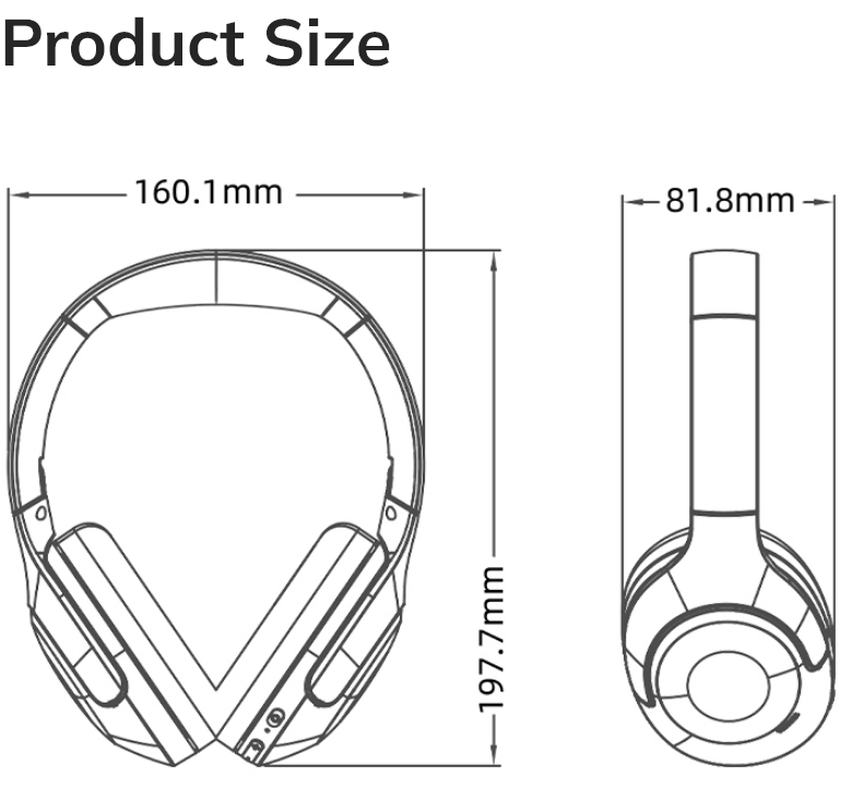Disegno tecnico delle dimensioni del prodotto: cuffie over-ear con larghezza di 160,1 mm, altezza di 197,7 mm e diametro della cuffia di 81,8 mm