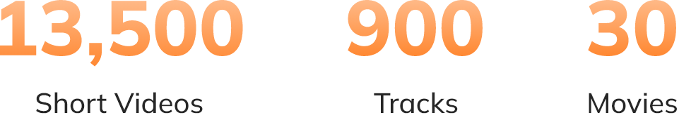 Statistiche: 13.500 brevi video, 900 tracce e 30 film – panoramica dei contenuti multimediali in numeri arancioni.