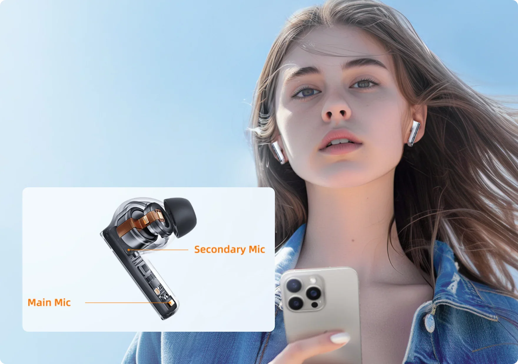 Auricolari wireless con microfono principale e secondario per una trasmissione vocale chiara all'aperto