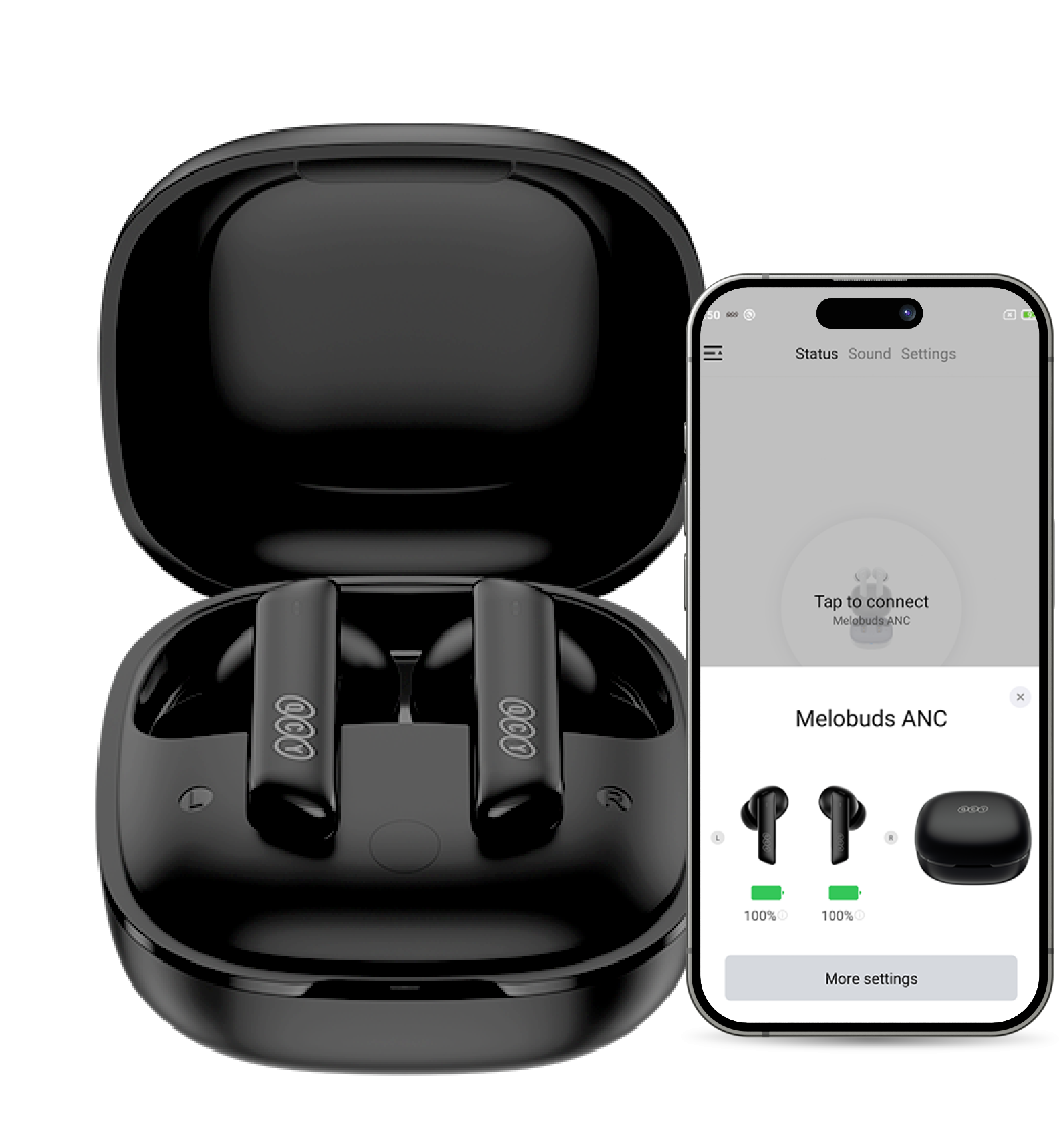 Auricolari in-ear Schwarze Melobuds ANC con custodia di ricarica e app per smartphone per connessione e impostazioni.