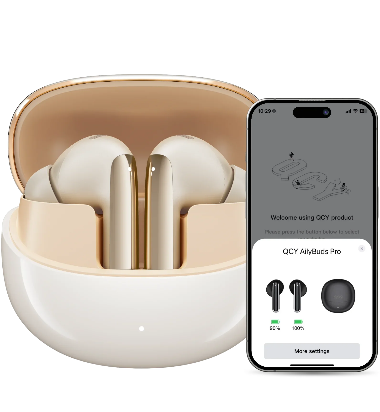 Cuffie QCY AilyBuds Pro nella custodia di ricarica bianca con accenti dorati.