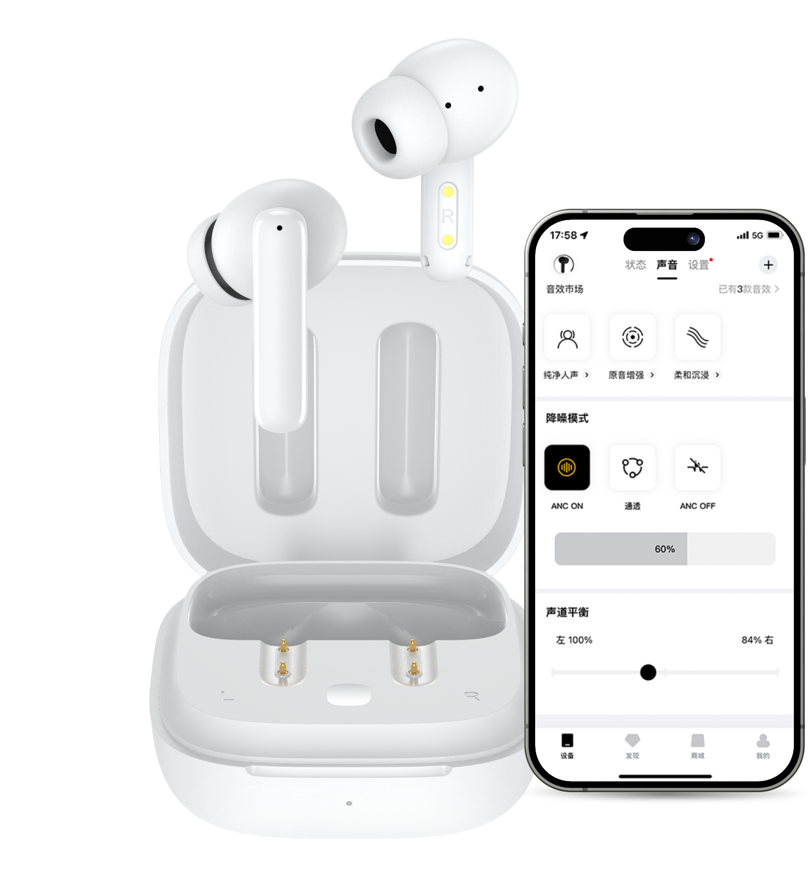 Cuffie True Wireless bianche con custodia di ricarica e app per smartphone per la regolazione.