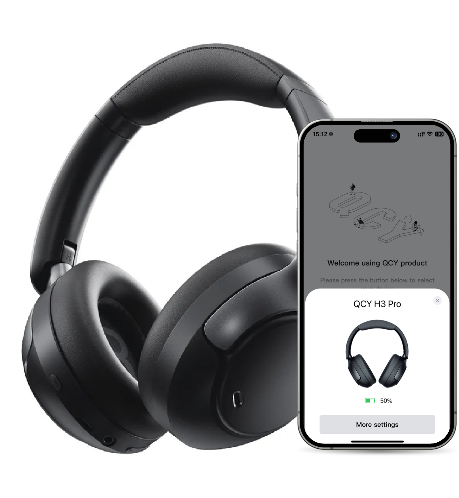 Cuffie QCY H3 Pro nere con app per smartphone per il controllo.