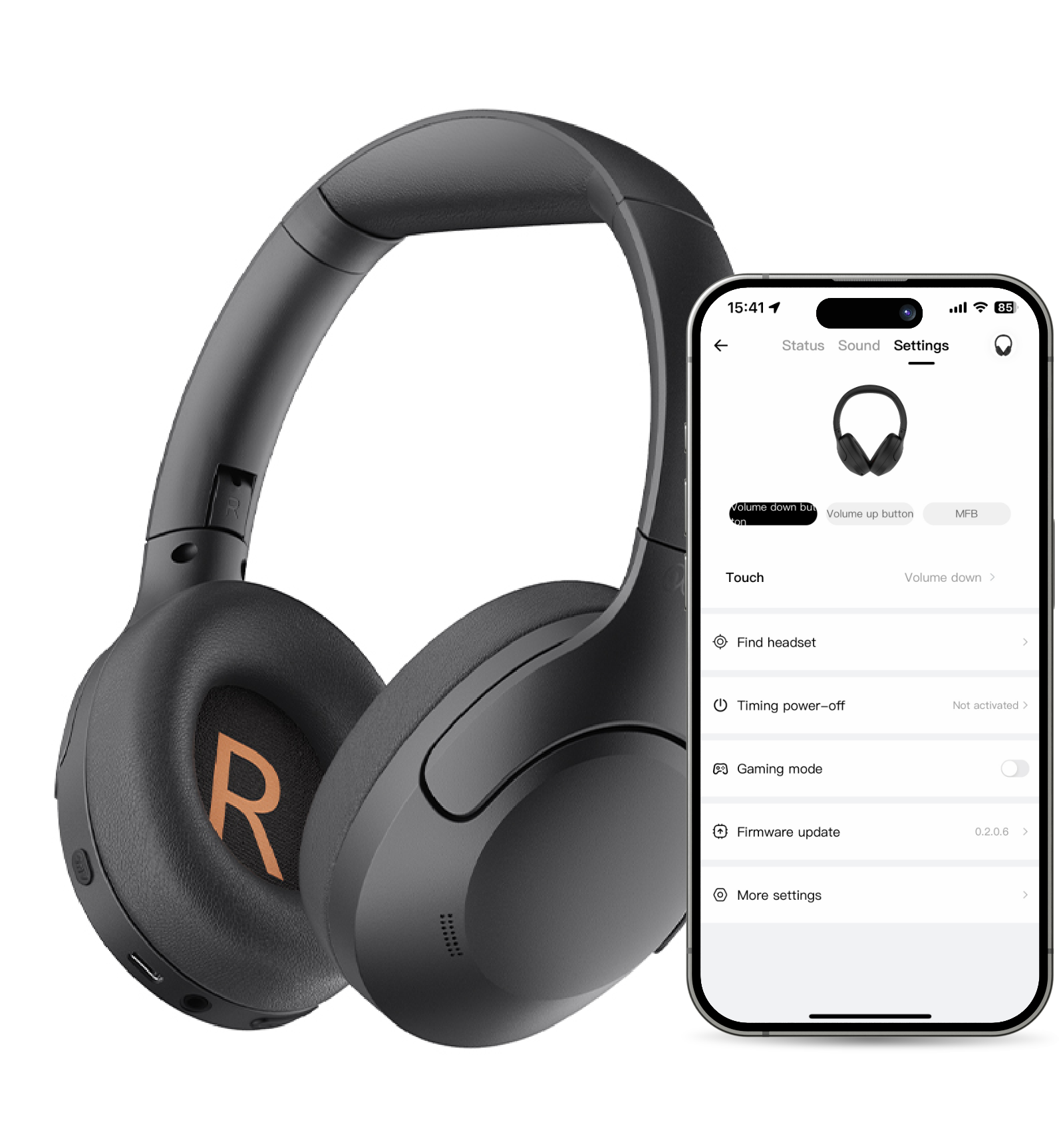 Cuffie over-ear nere con controllo tramite app, comando touch e modalità gaming – ideali per musica e chiamate.