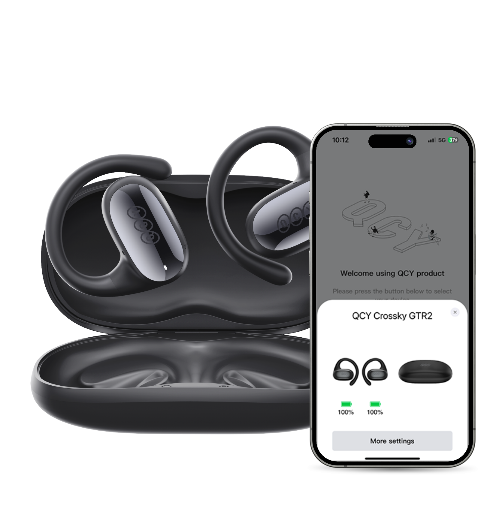 Auricolari QCY Crossky GTR2 con custodia di ricarica, controllo tramite app e indicatore batteria al 100%.