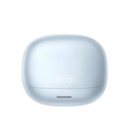 MeloBuds N65 auricolari wireless in elegante azzurro chiaro con logo, custodia di ricarica compatta per viaggi.