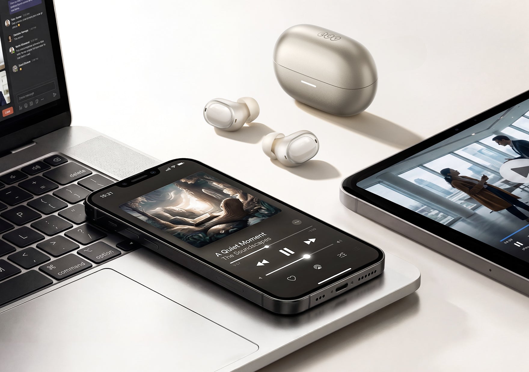 Cuffie wireless bianche con custodia di ricarica, accanto a laptop e tablet su un tavolo bianco.