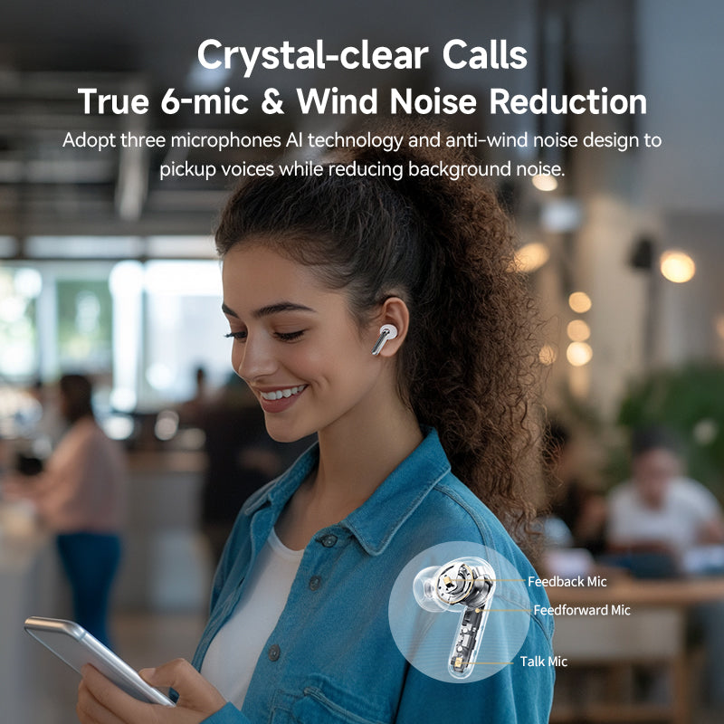 Black QCY Melobuds N50 earbud worn by model, highlighting 6-mic technology and wind noise reduction for crystal-clear calls