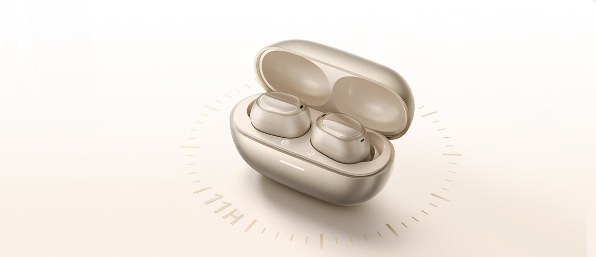 Auricolari wireless dorati con custodia di ricarica, 11 ore di autonomia della batteria.